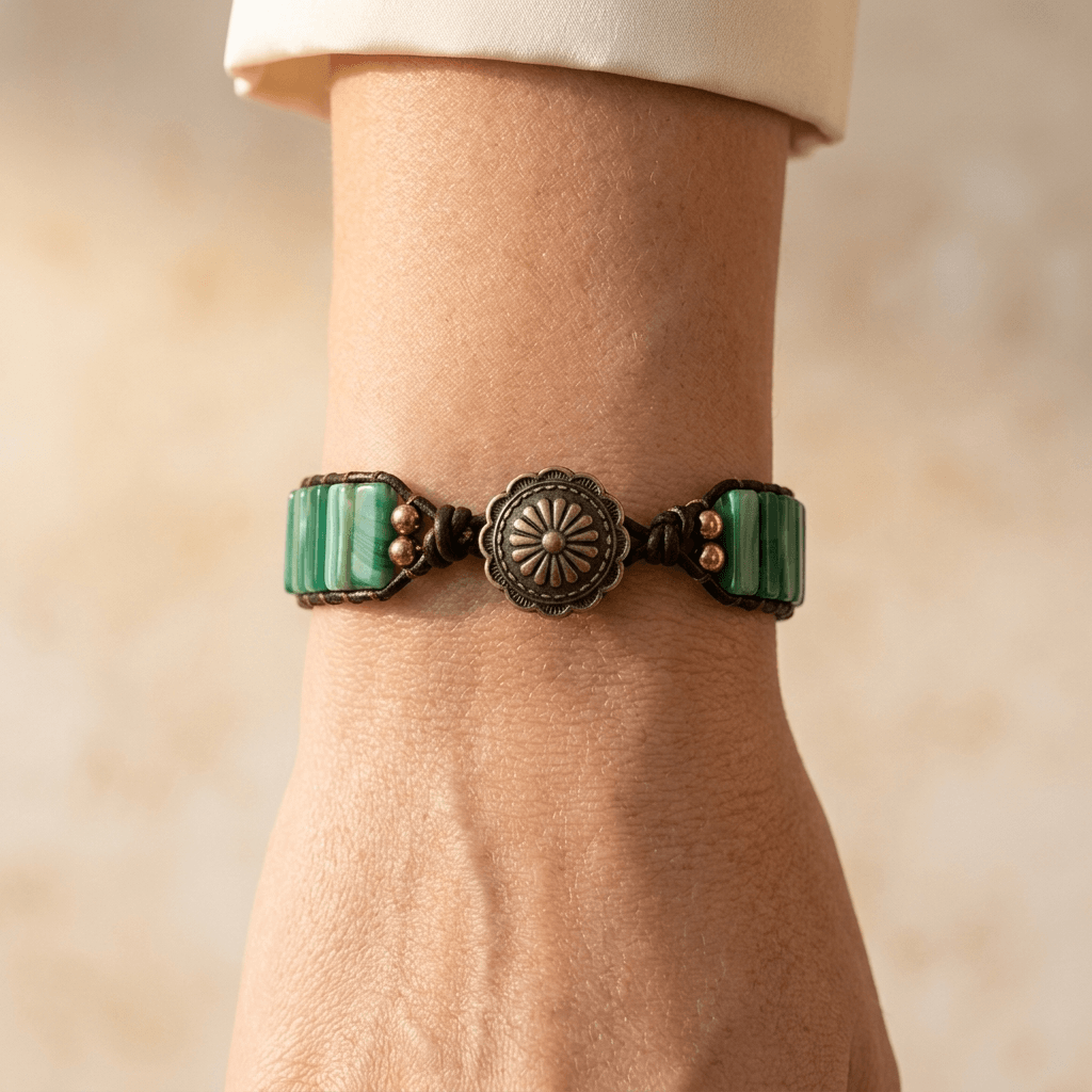 Green Onyx Tube Beads Leather Wrap Bracelet