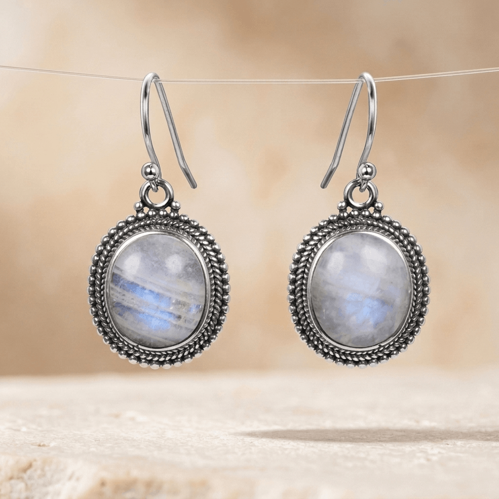 Vintage Sterling Silver Moonstone Oval Earrings