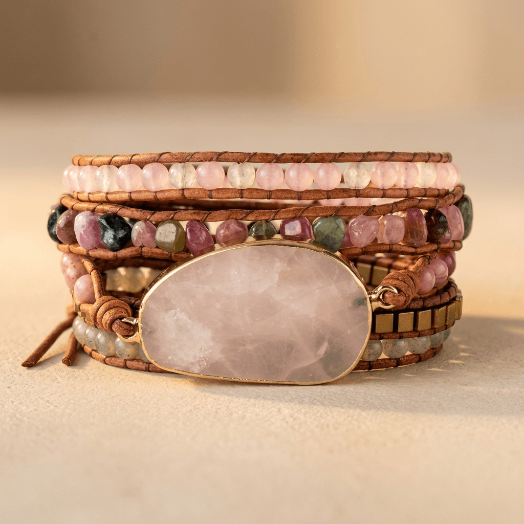 Rose Quartz Gold Beaded Wrap Bracelet