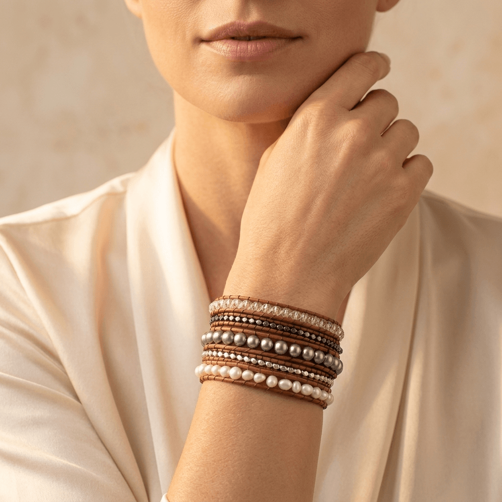 Freshwater Pearl Hematite Leather Wrap Bracelet