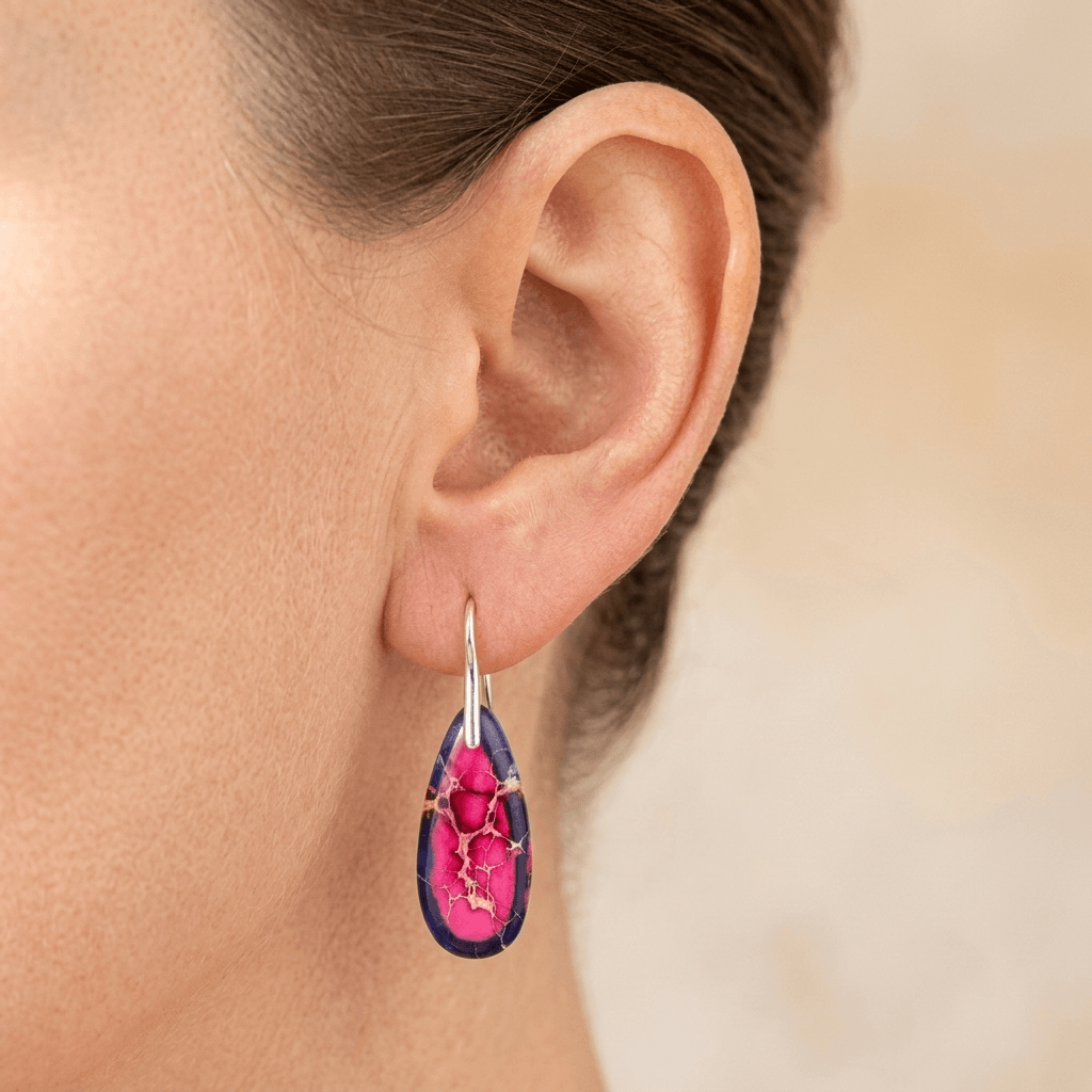Pink Navy Imperial Jasper Teardrop Silver Earrings