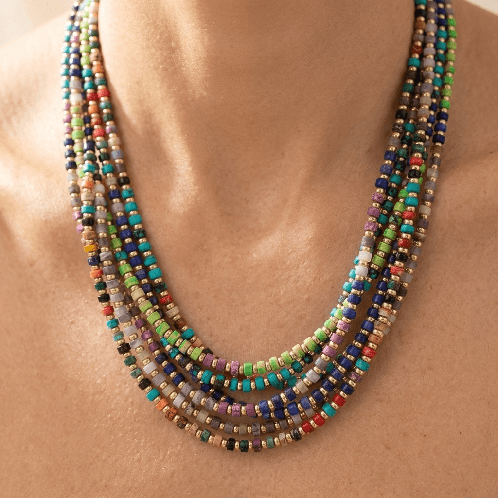 Colorful Gemstone Beaded Gold Layered Necklace