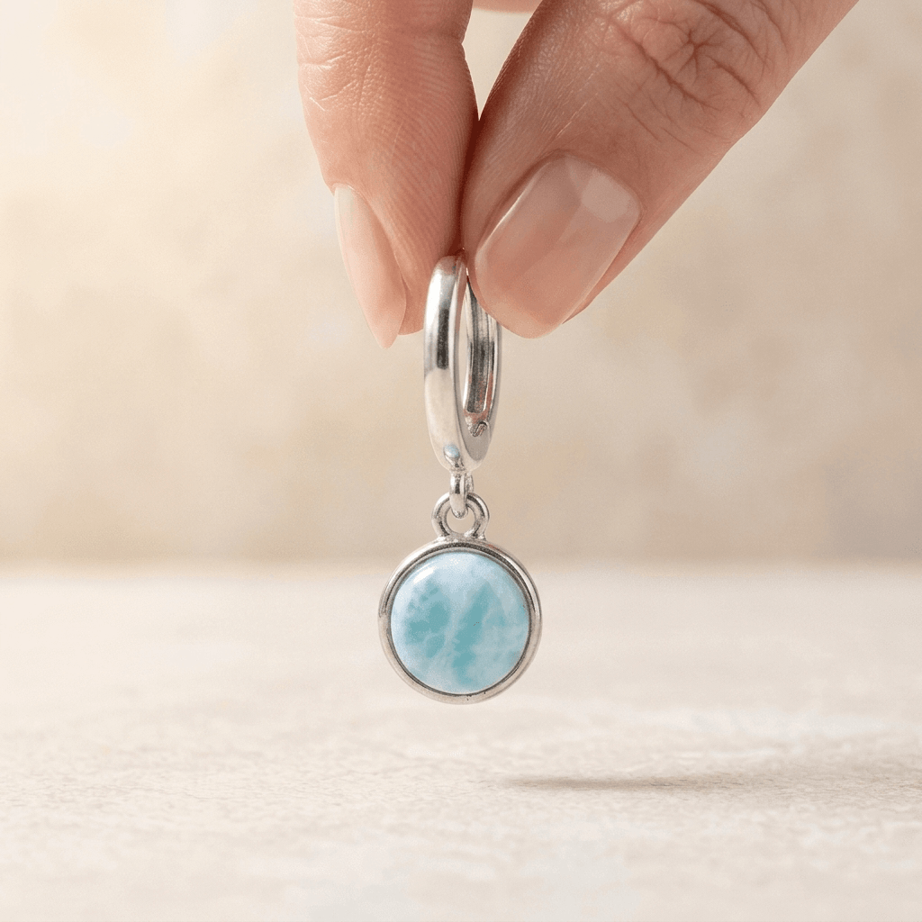Silver Larimar Round Drop Hoop Earrings