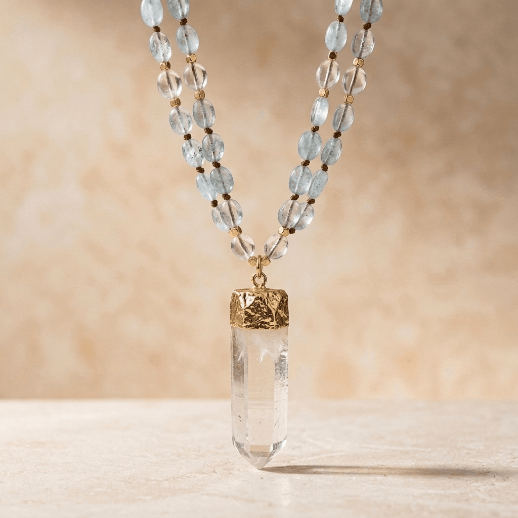 Natural Aquamarine Clear Quartz Point Necklace