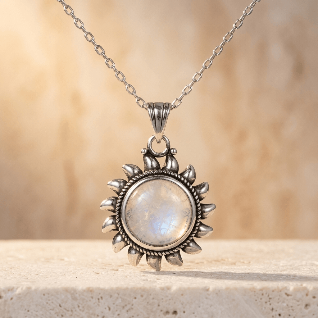 Sterling Silver Moonstone Sun Pendant Necklace