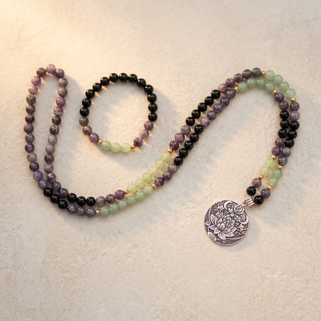 Amethyst Green Aventurine Black Onyx Mala Necklace