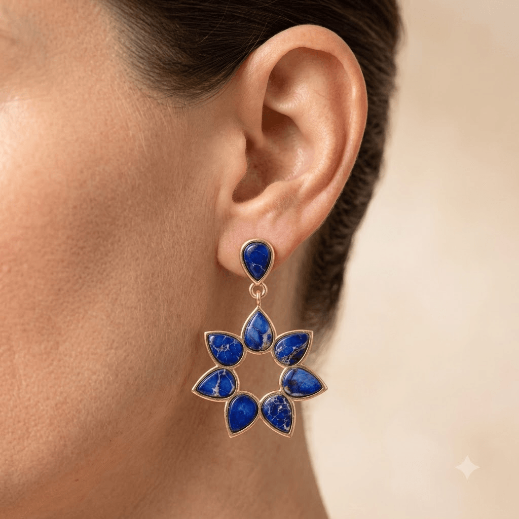 Blue Lapis Gold Flower Drop Earrings