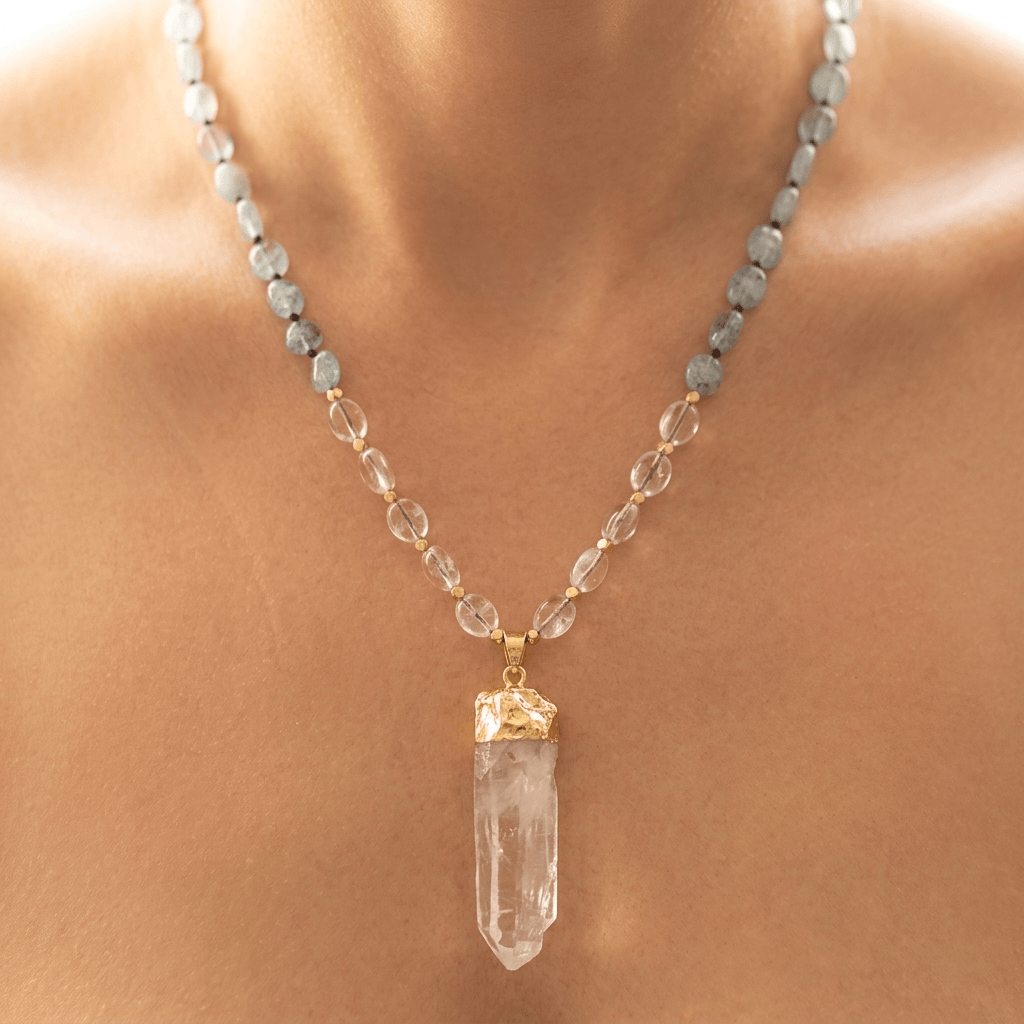 Natural Aquamarine Clear Quartz Point Necklace
