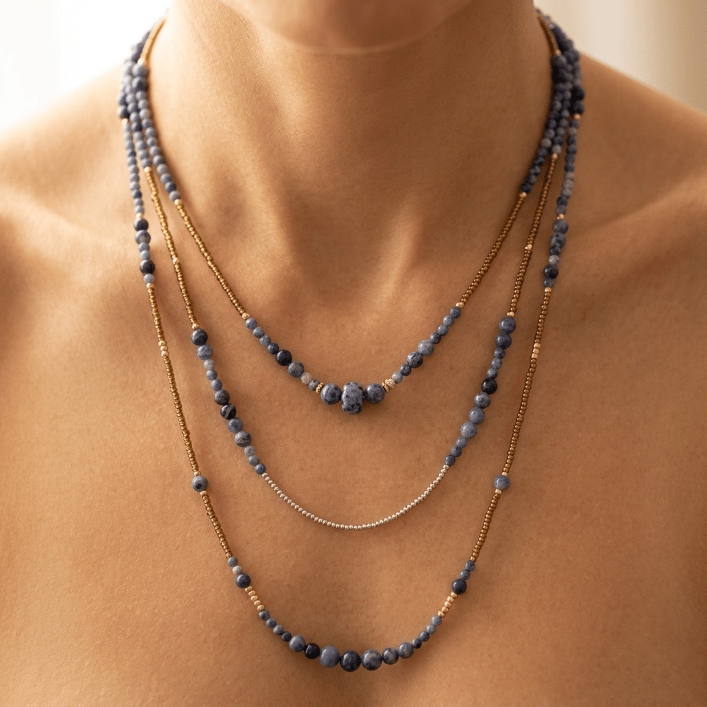 Blue Sodalite Gold Beaded Layered Necklace