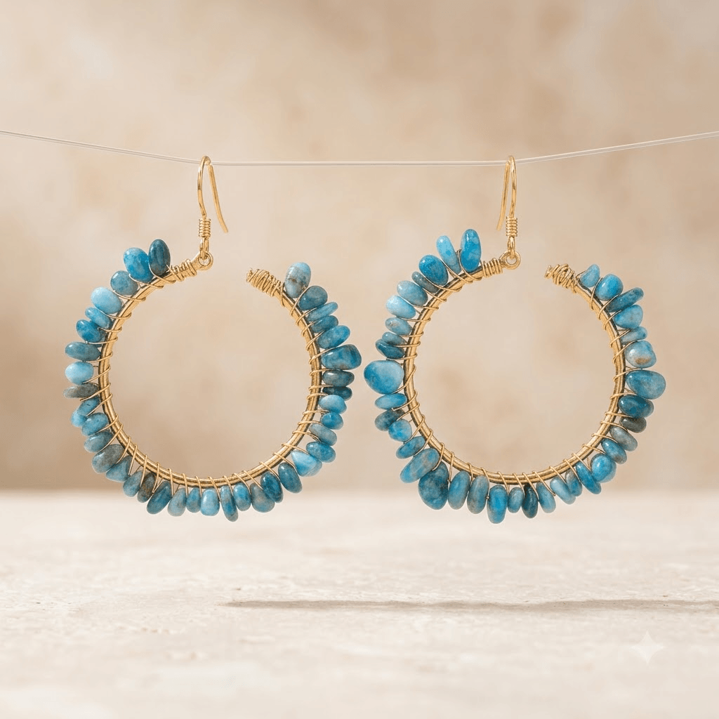Blue Apatite Gold Wire Wrap Hoop Earrings