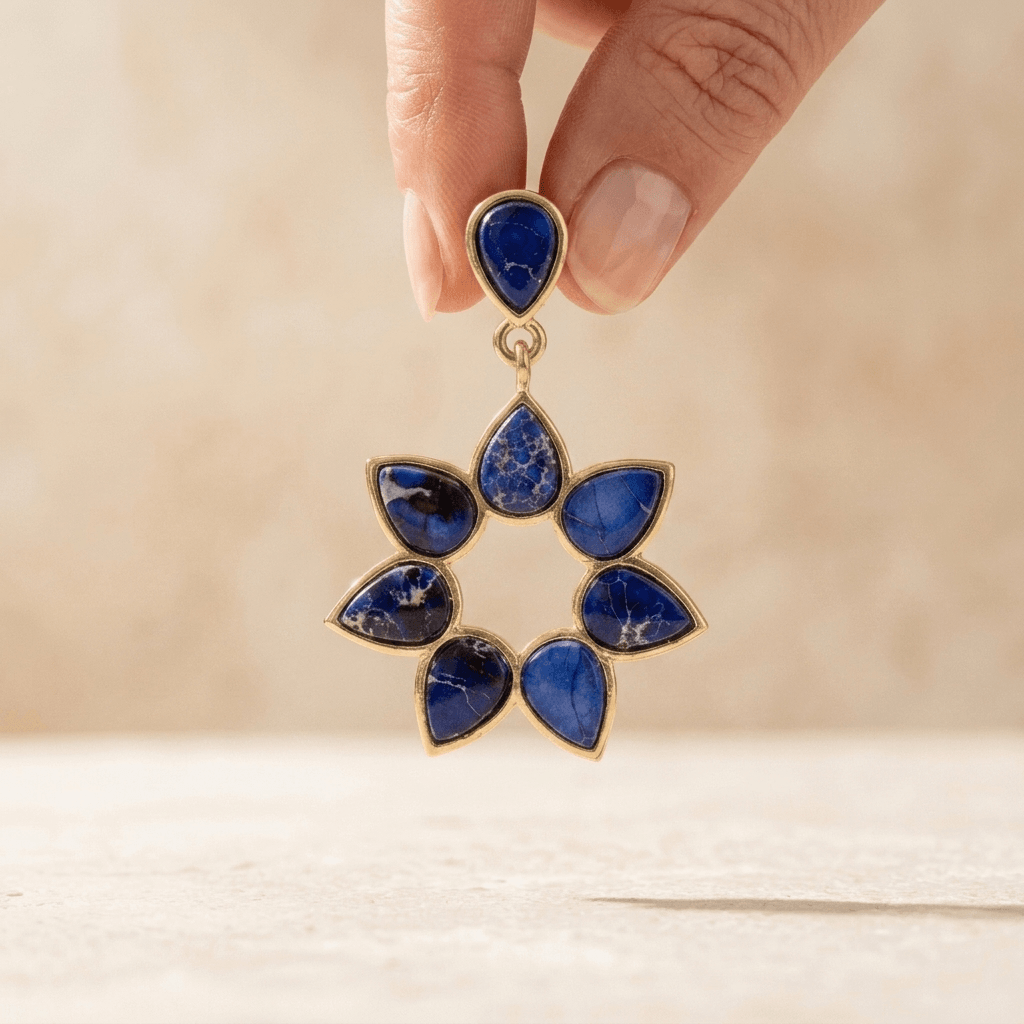 Blue Lapis Gold Flower Drop Earrings