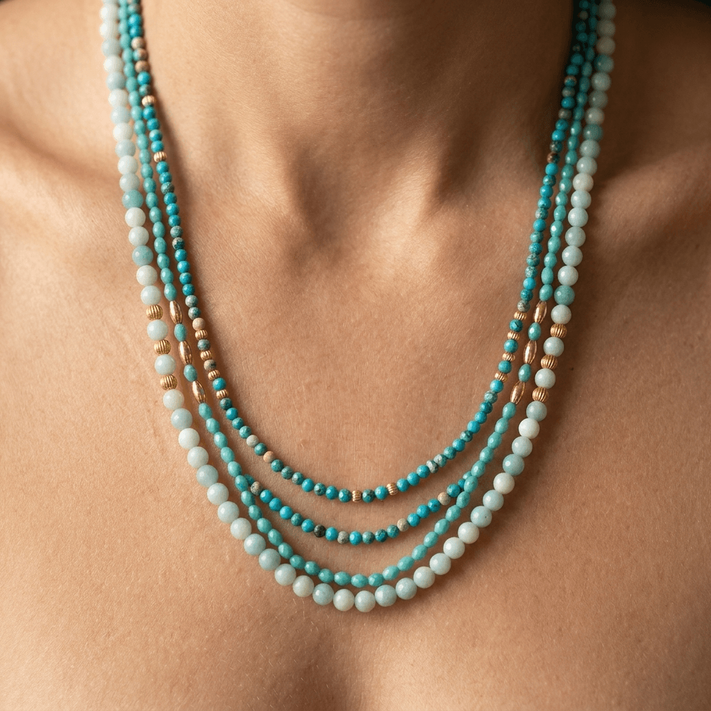 Turquoise Gold Layered Beaded Pendant Necklace