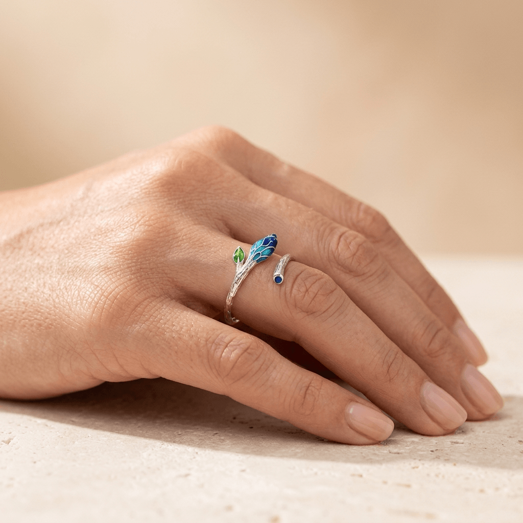 Silver Blue Flower Leaf Open Ring