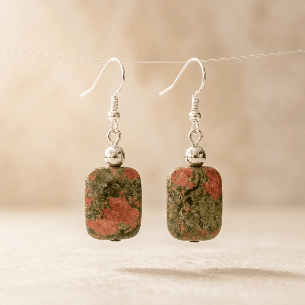 Natural Unakite Square Silver Drop Earrings