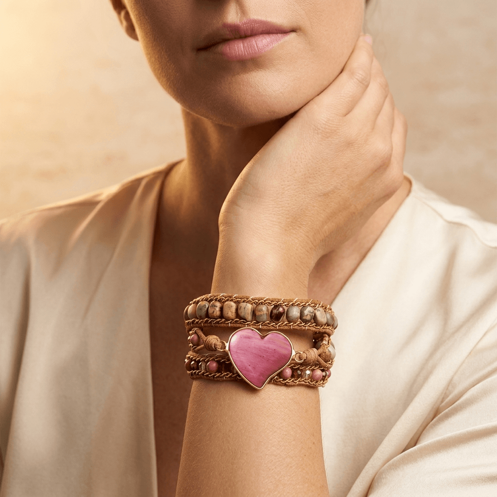 Natural Rhodonite Heart Gold Wrap Bracelet