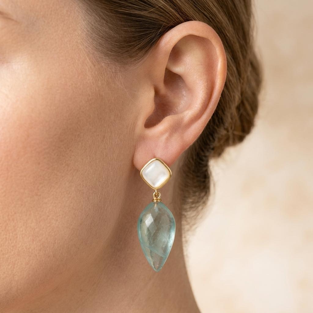 Natural Aquamarine Gold Seashell Drop Earrings