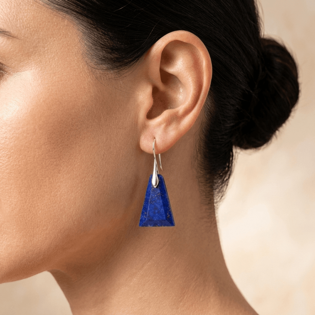 Natural Lapis Lazuli Silver Pyramid Earrings