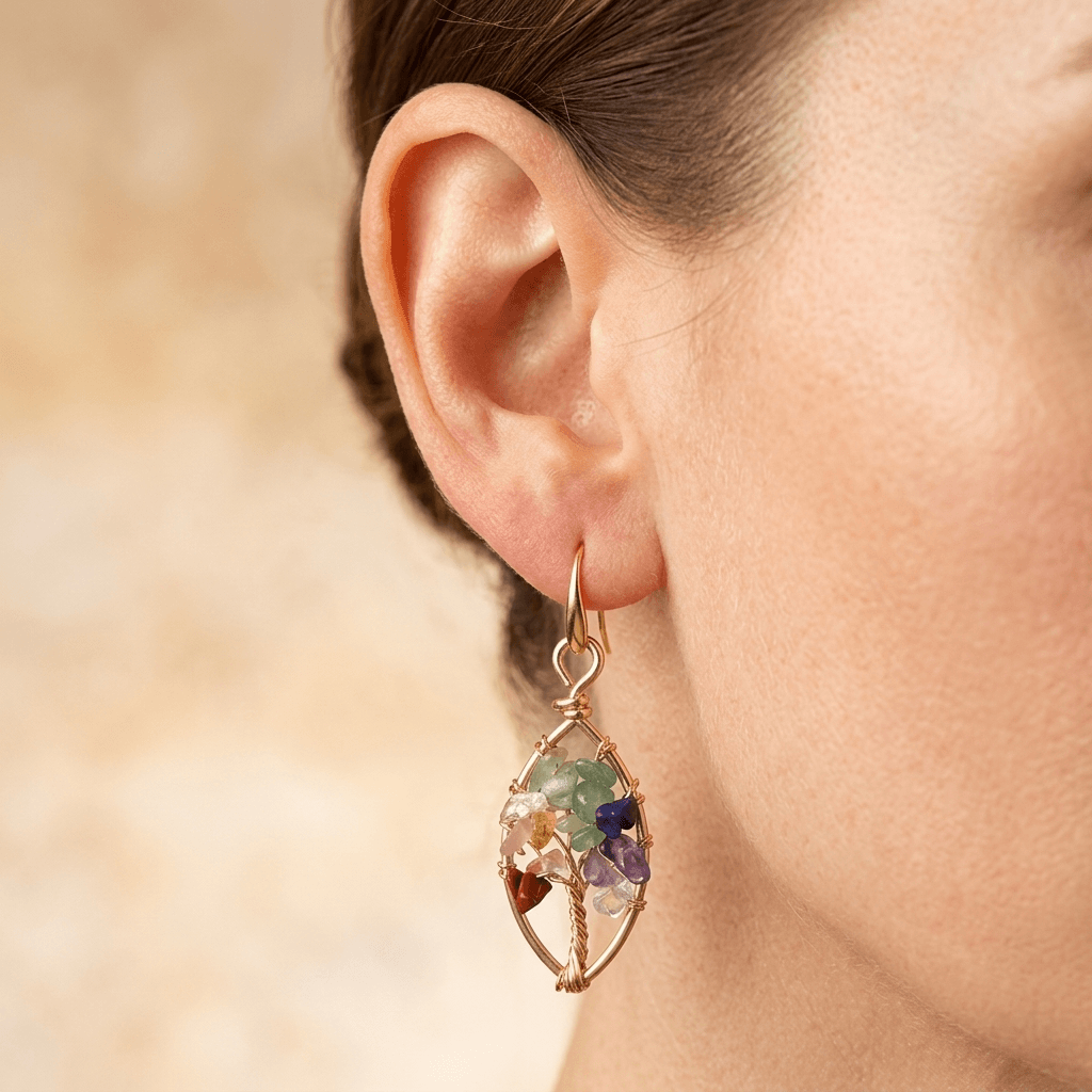Chakra Gemstone Gold Wire Wrap Earrings