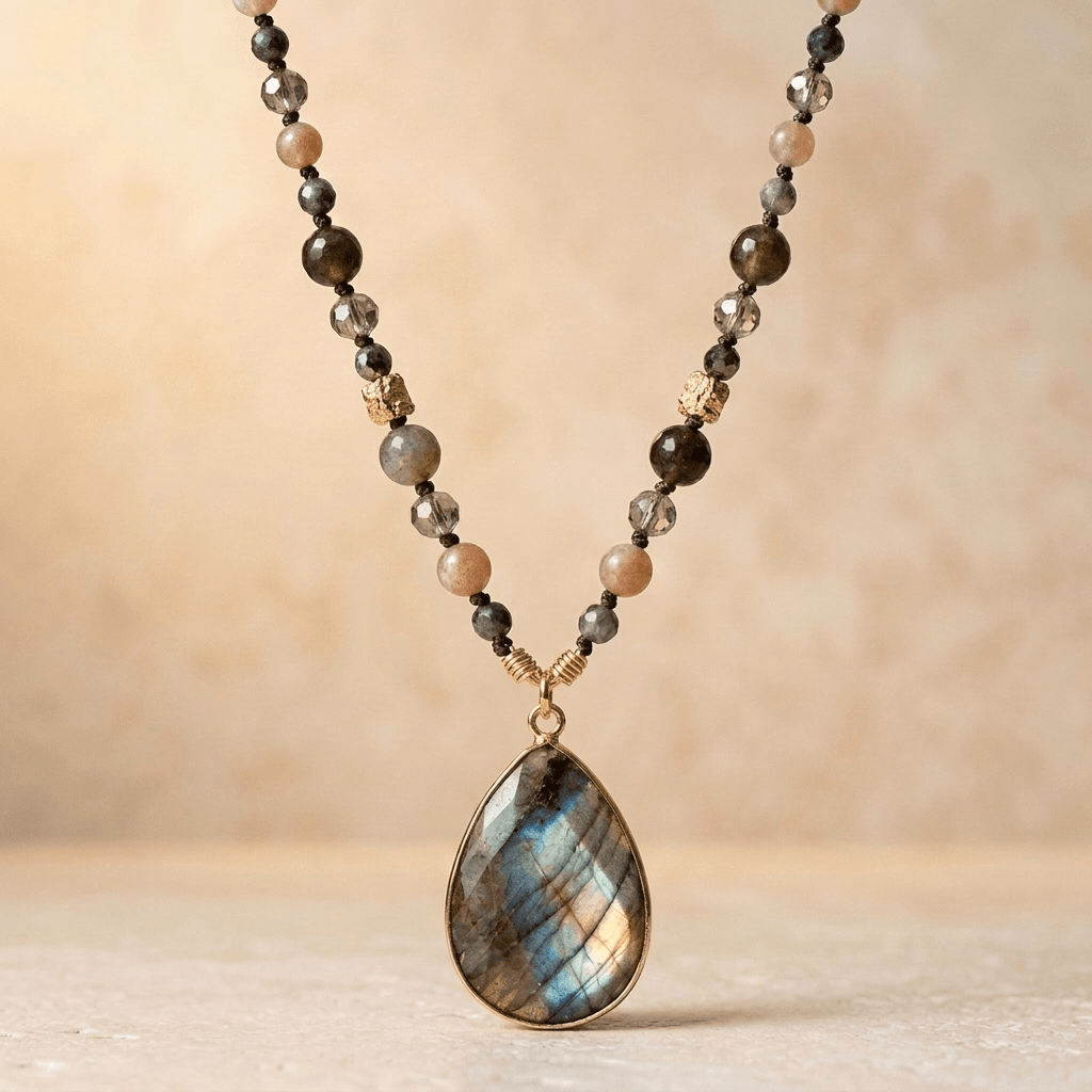 Labradorite Strawberry Quartz Gold Teardrop Necklace