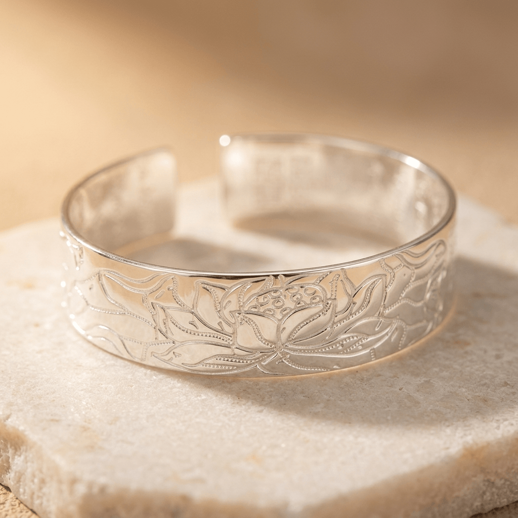 Silver Lotus Engraved Wide Bangle Bracelet