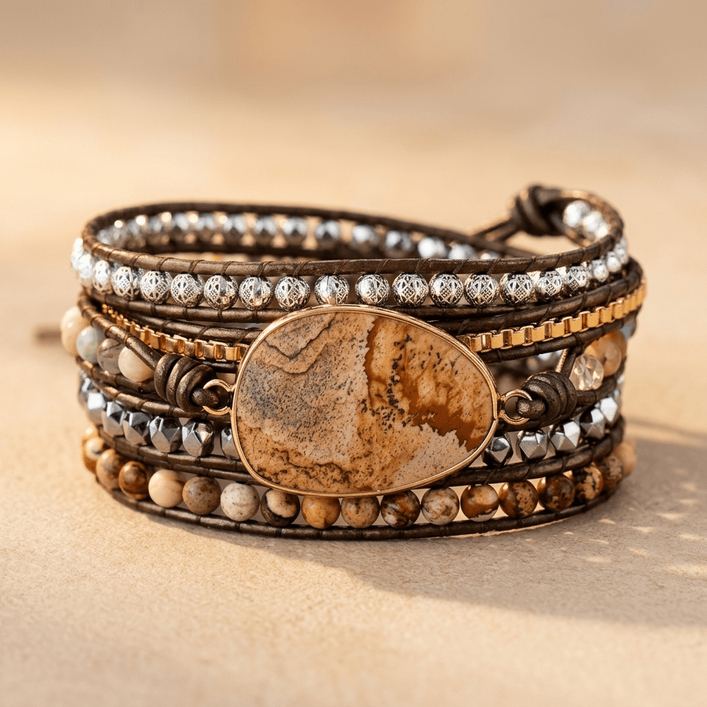Handmade Leather Jasper Stone Wrap Bracelet