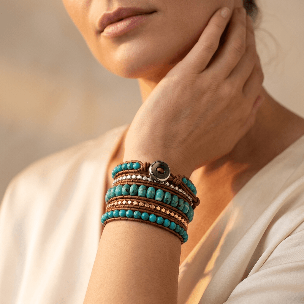 Turquoise Leather Five Layer Wrap Bracelet