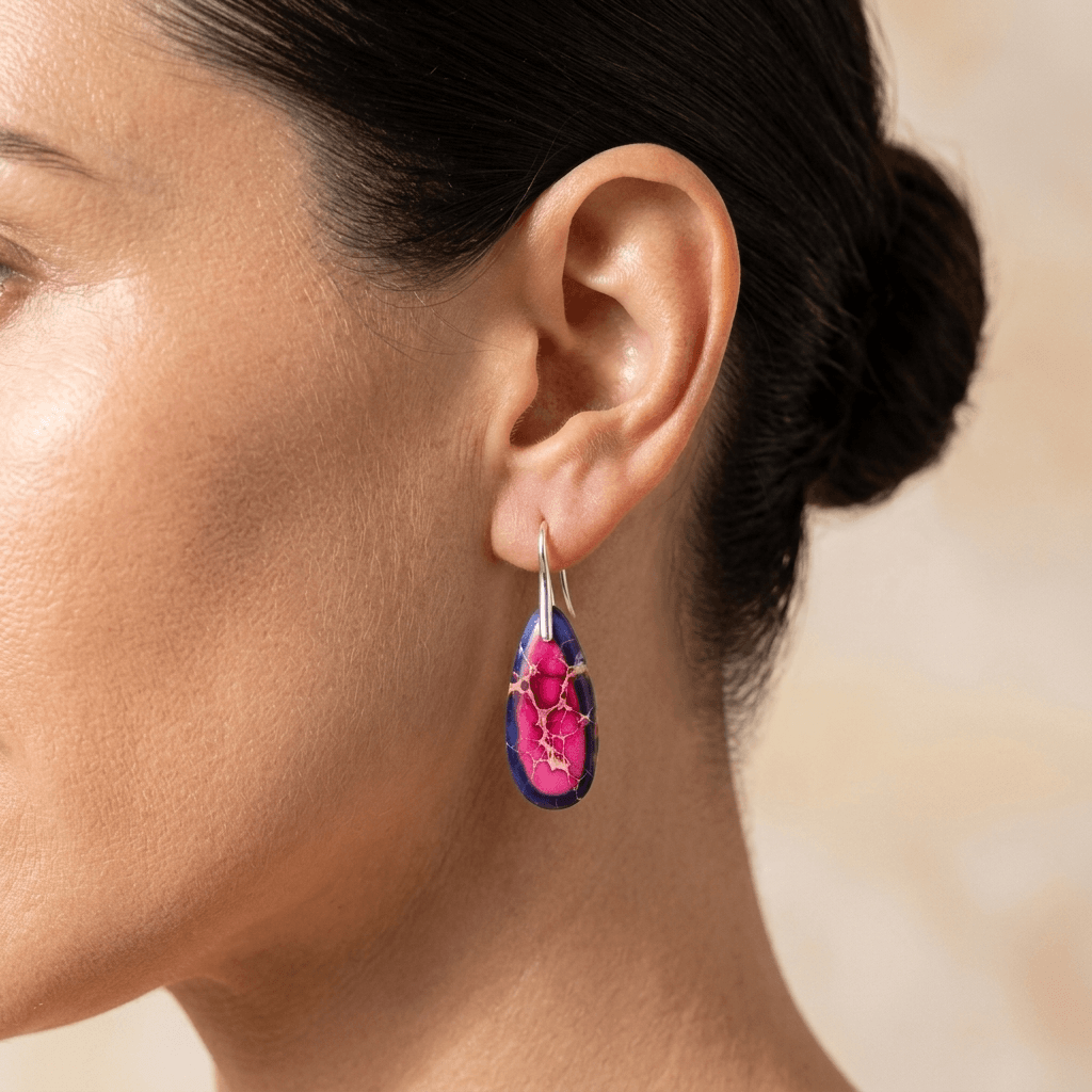 Pink Navy Imperial Jasper Teardrop Silver Earrings