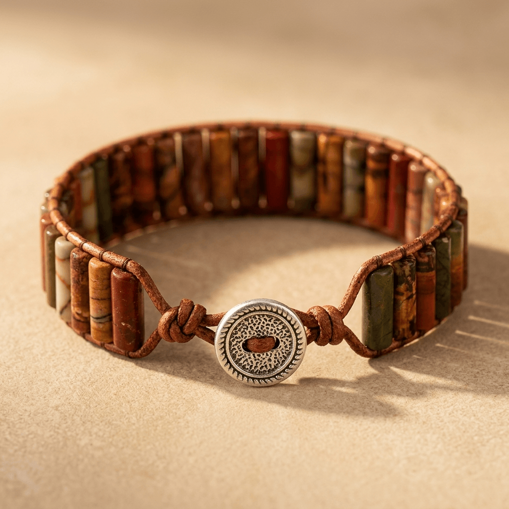 Handmade Jasper Tube Leather Wrap Bracelet