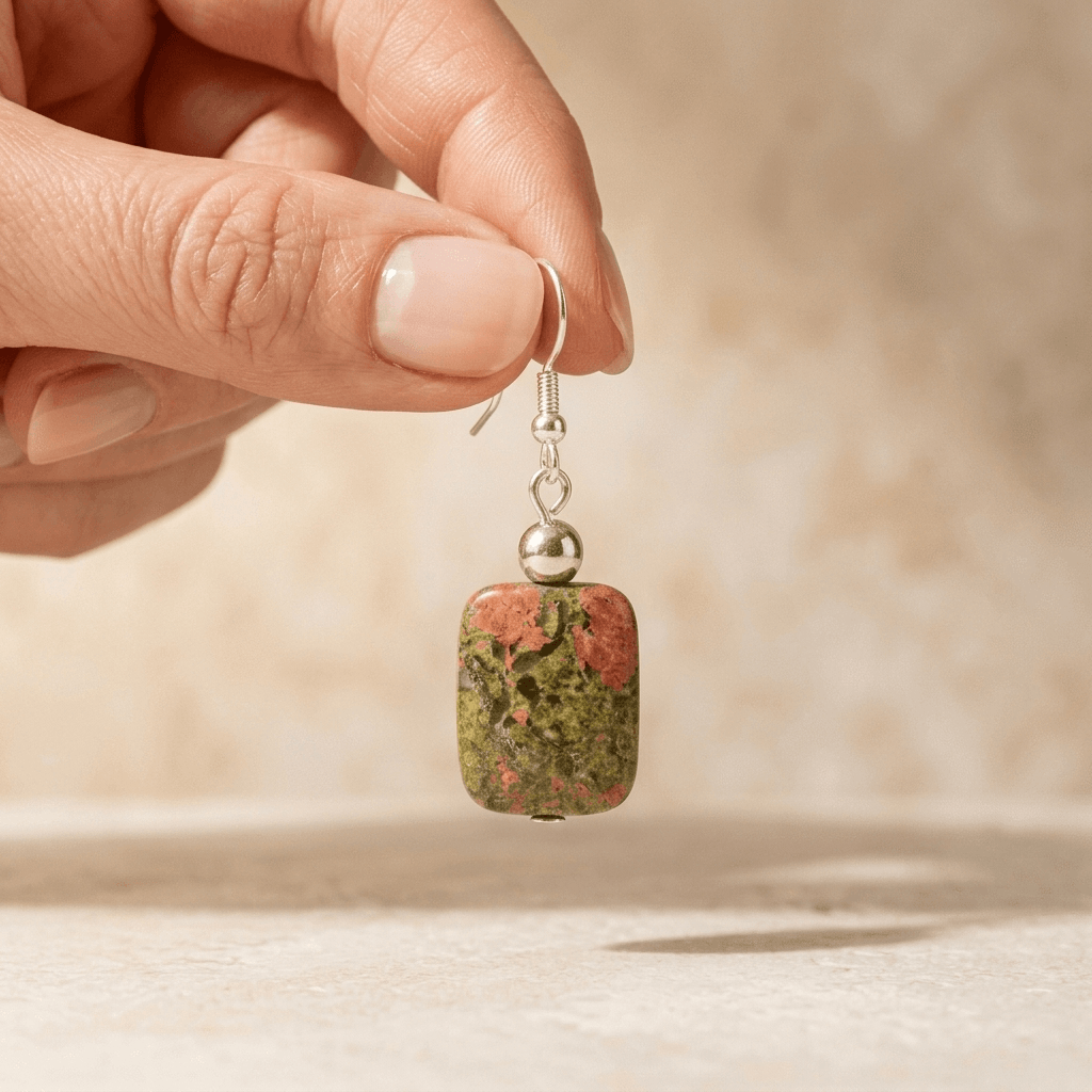 Natural Unakite Silver Square Drop Earrings