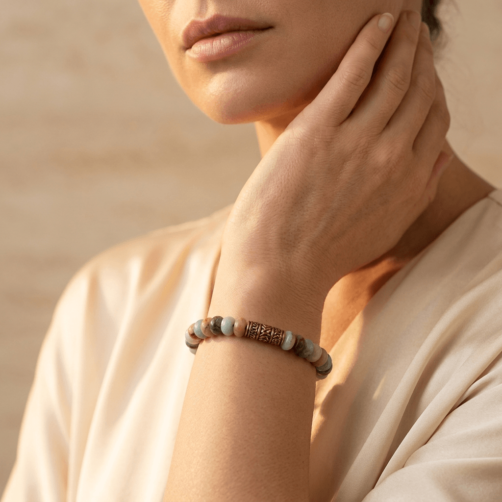 Natural Amazonite Gold Beaded Adjustable Bracelet