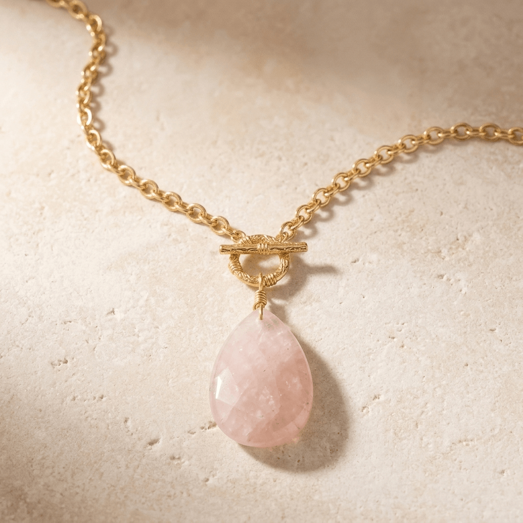 Rose Quartz Teardrop Gold Toggle Necklace