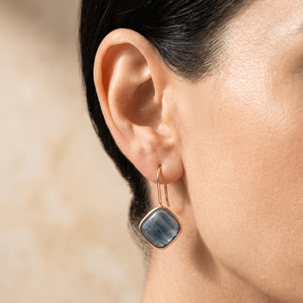 Blue Apatite Gold Cushion Drop Earrings
