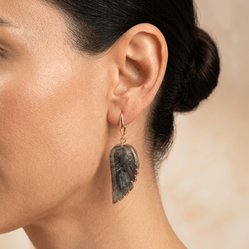 Natural Labradorite Gold Angel Wing Earrings