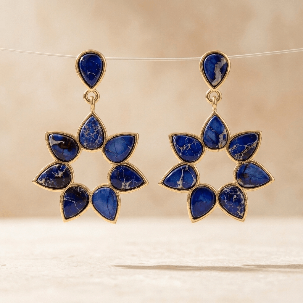 Blue Lapis Gold Flower Drop Earrings