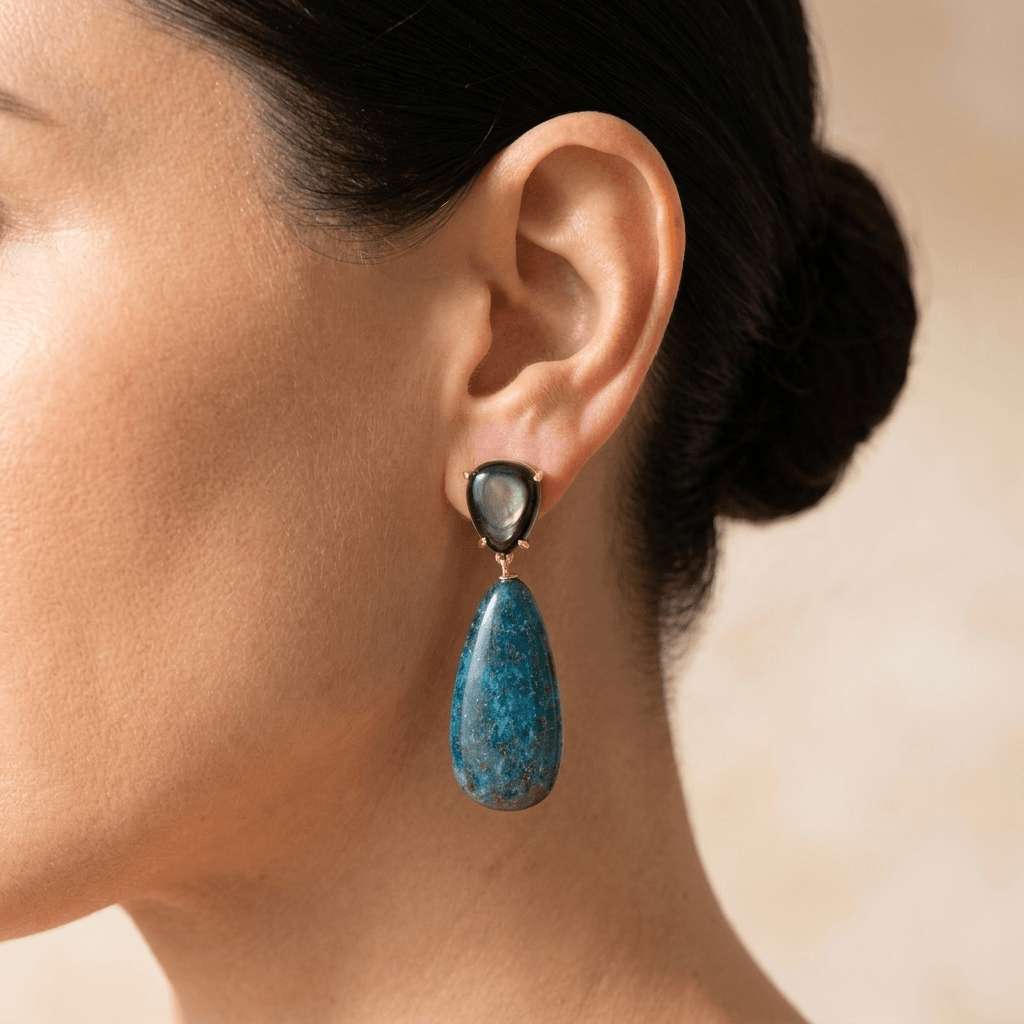 Blue Apatite Shell Pearl Gold Drop Earrings