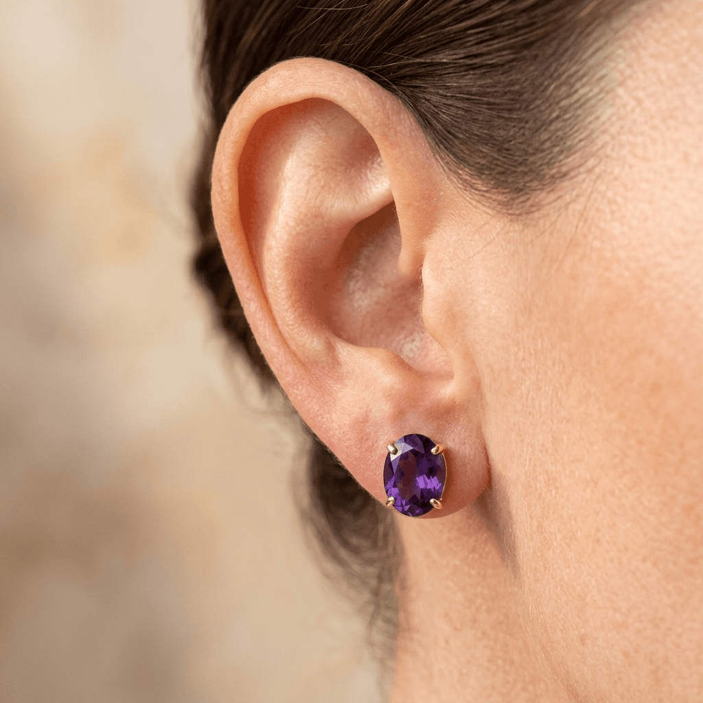 Amethyst Gold Oval Stud Earrings