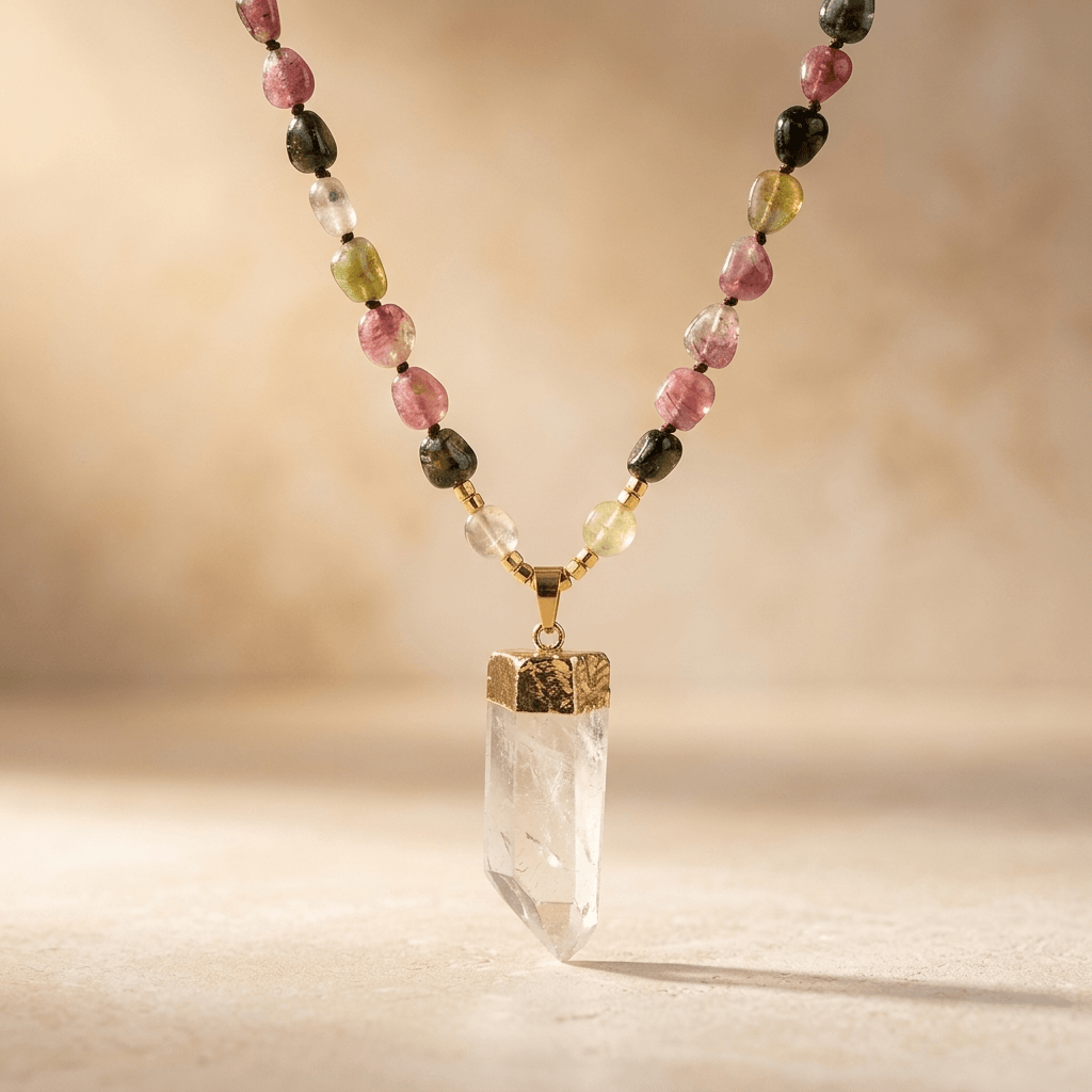 Natural Tourmaline Clear Quartz Gold Pendant Necklace
