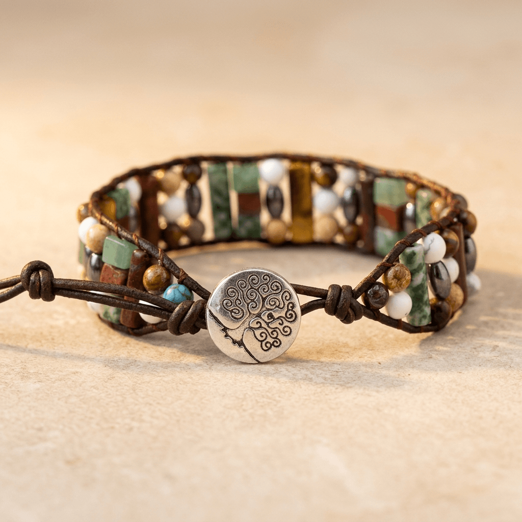 Natural Stone Leather Wrap Tree Bracelet