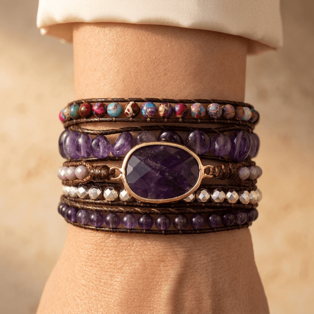 Purple Amethyst Gold Oval Wrap Bracelet