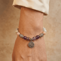 Aquamarine Amethyst Silver Lotus Charm Beaded Bracelet