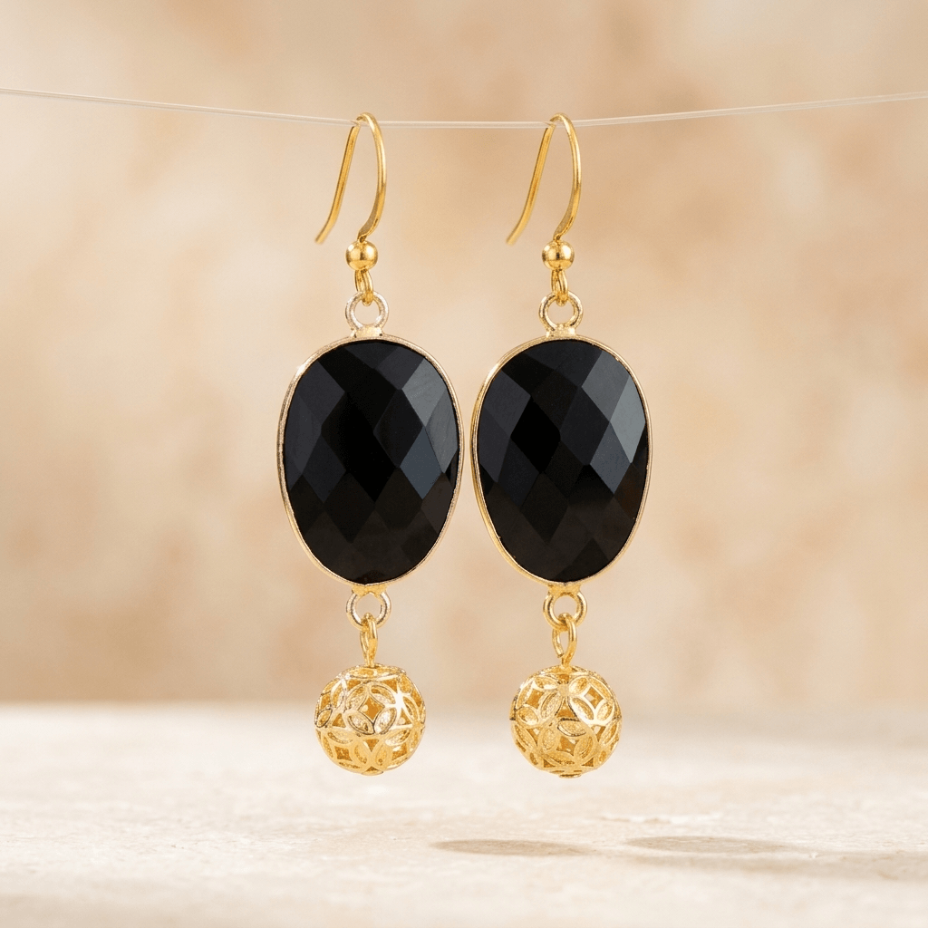 Black Onyx Gold Filigree Ball Drop Earrings