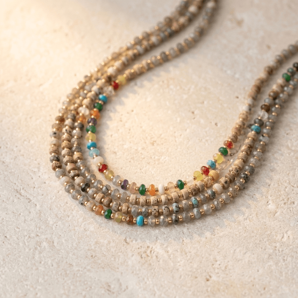 Colorful Gemstone Gold Beaded Layered Necklace