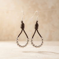 Brown Leather Silver Bead Teardrop Earrings