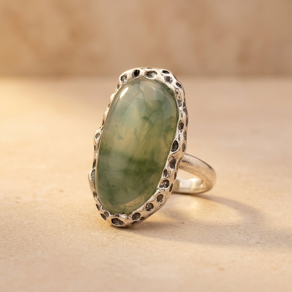 Vintage Silver Prehnite Filigree Oval Ring