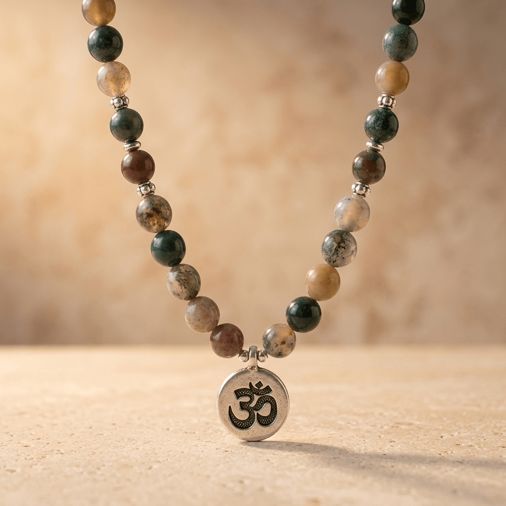Natural Agate Mala Beads Om Pendant Necklace