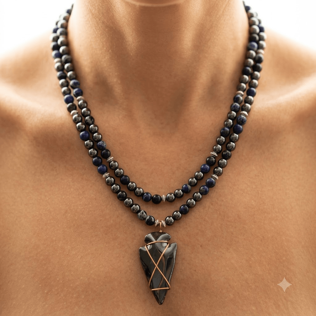 Hematite Blue Jasper Beaded Arrowhead Pendant Necklace