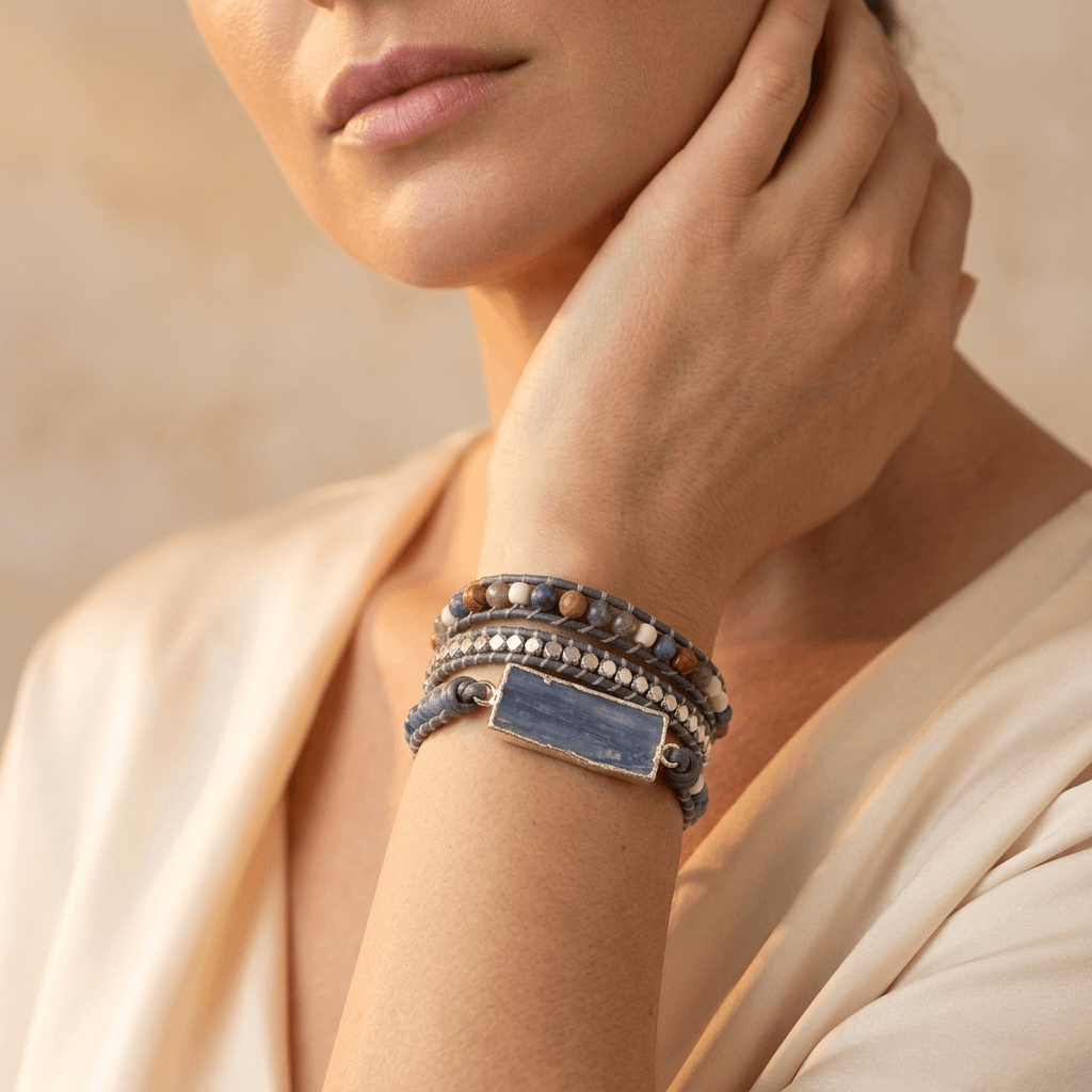 Natural Blue Sodalite Gemstone Leather Wrap Bracelet
