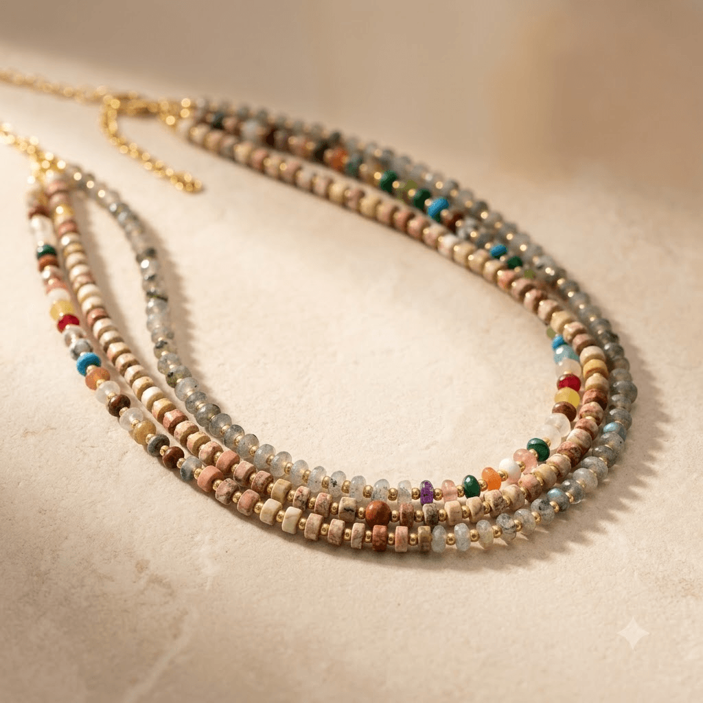 Colorful Gemstone Gold Beaded Layered Necklace