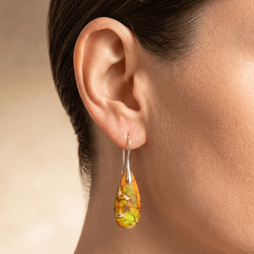 Orange Jasper Silver Teardrop Earrings
