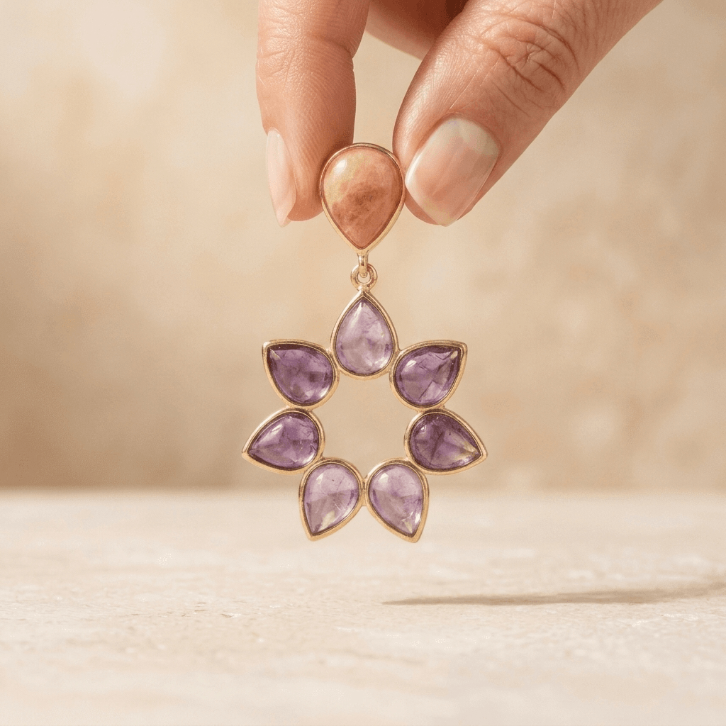 Gold Purple Amethyst Flower Drop Earrings